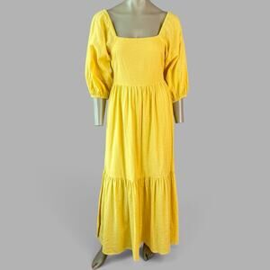 Billabong Maxi Sun Dress Tiered Womens M Yellow Dream Chaser Open Back Bohemian